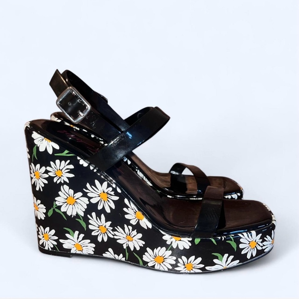 Betsey Johnson Black Floral Wedge Sandals